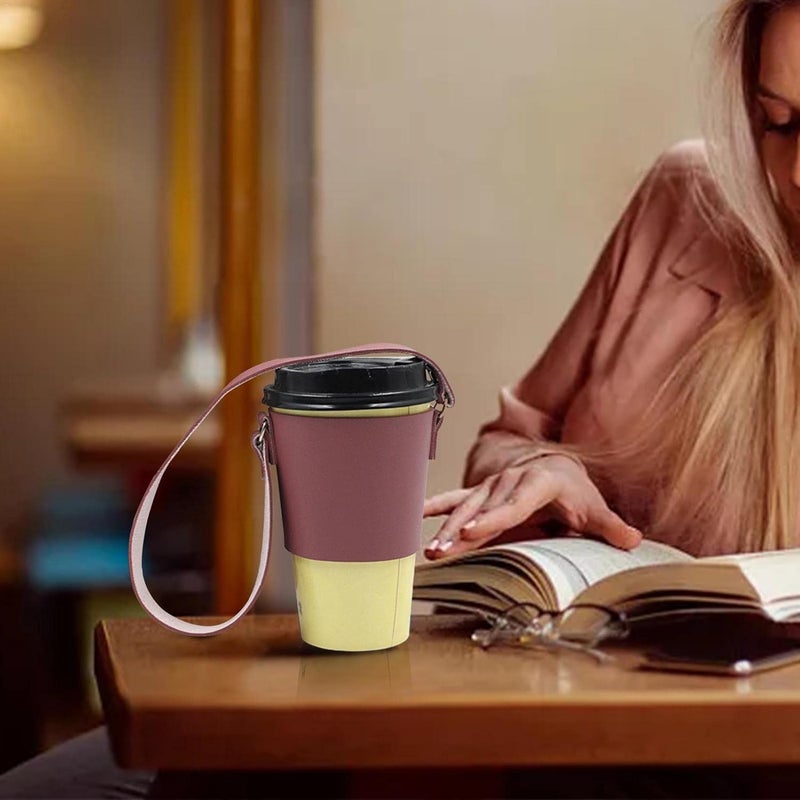 ويوبلز أكمام أكواب القهوة، أكمام أكواب قهوة قابلة لإعادة الاستخدام مصنوعة من جلد البولي يوريثان مع حزام كتف، غطاء كوب مشروبات جلدي، حامل أكواب محمول، حامل مشروبات أنيق معزول، شاي ساخن، أحمر بنفسجي - Image 5